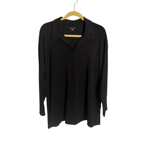 Eileen Fisher Pima Cotton Stretch Jersey Classic Collar Top Black Medium - Picture 2 of 5